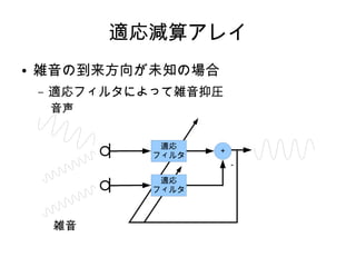 適応減算アレイ
● 雑音の到来方向が未知の場合
– 適応フィルタによって雑音抑圧
＋
－
適応
フィルタ
雑音
音声
適応
フィルタ
 