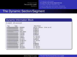 The ELF Format
The Linux ELF Loader
Questions
1) Load the main binary
2) Load the main binary dependencies
3) Create a symbol resolution map
4 and 5) Apply data and function relocations
6) Initialize libraries and jump to program start.
The Dynamic Section/Segment
Dynamic Information Block
$ readelf -dW executavel
Tag Type Name/Value
0x0000000000000001 (NEEDED) Shared library: [libc.so.6]
0x000000000000000c (INIT) 0x4003c8
0x000000000000000d (FINI) 0x400638
0x000000006ffffef5 (GNU_HASH) 0x400298
0x0000000000000005 (STRTAB) 0x400318
0x0000000000000006 (SYMTAB) 0x4002b8
0x000000000000000a (STRSZ) 63 (bytes)
0x000000000000000b (SYMENT) 24 (bytes)
0x0000000000000003 (PLTGOT) 0x600fe8
0x0000000000000002 (PLTRELSZ) 48 (bytes)
0x0000000000000014 (PLTREL) RELA
0x0000000000000017 (JMPREL) 0x400398
0x0000000000000007 (RELA) 0x400380
0x0000000000000008 (RELASZ) 24 (bytes)
0x0000000000000009 (RELAENT) 24 (bytes)
Divino C´esar S. Lucas The ELF File Format and the Linux Loader
 