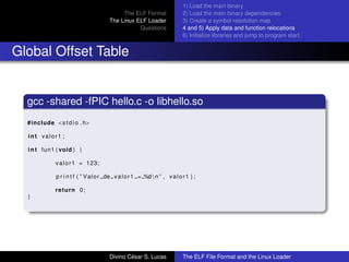 The ELF Format
The Linux ELF Loader
Questions
1) Load the main binary
2) Load the main binary dependencies
3) Create a symbol resolution map
4 and 5) Apply data and function relocations
6) Initialize libraries and jump to program start.
Global Offset Table
gcc -shared -fPIC hello.c -o libhello.so
#include <stdio . h>
int valor1 ;
int fun1 ( void ) {
valor1 = 123;
p r i n t f ( ” Valor de valor1 = %dn ” , valor1 ) ;
return 0;
}
Divino C´esar S. Lucas The ELF File Format and the Linux Loader
 