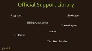 Official Support Library
Fragment

ViewPager
SlidingPaneLayout
DrawerLayout
Loader

LruCache
TaskStackBuilder
@chiuki

 