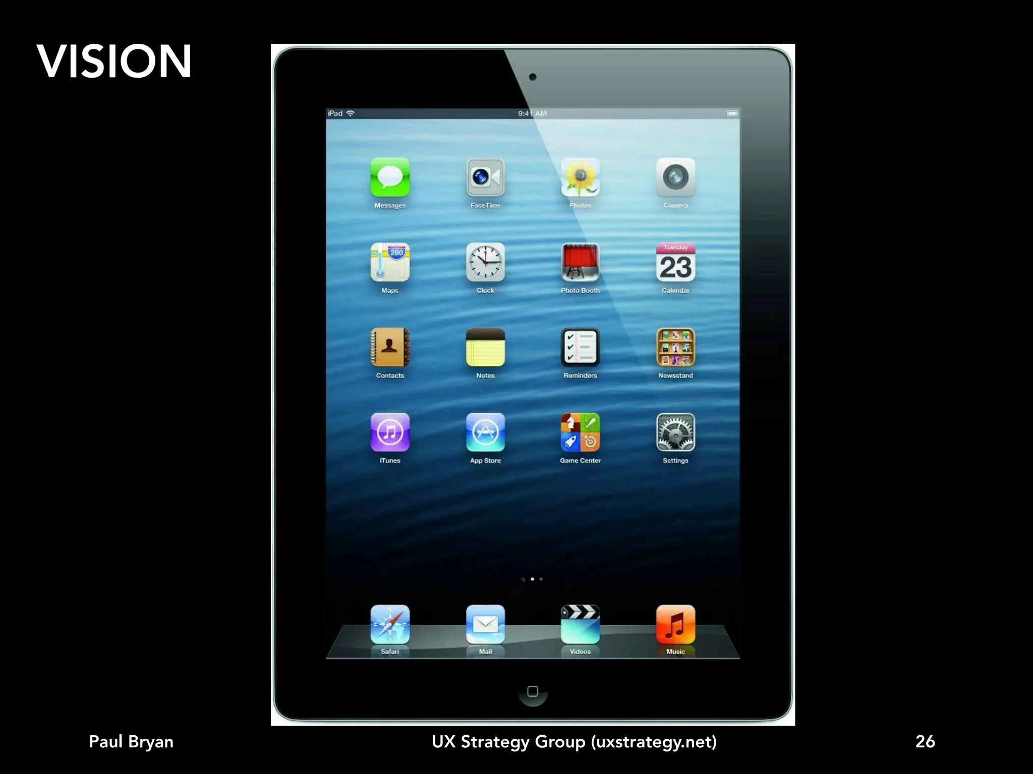 VISION
Go to a quiet place and imagine the future

Paul Bryan

UX Strategy Group (uxstrategy.net)

26

 