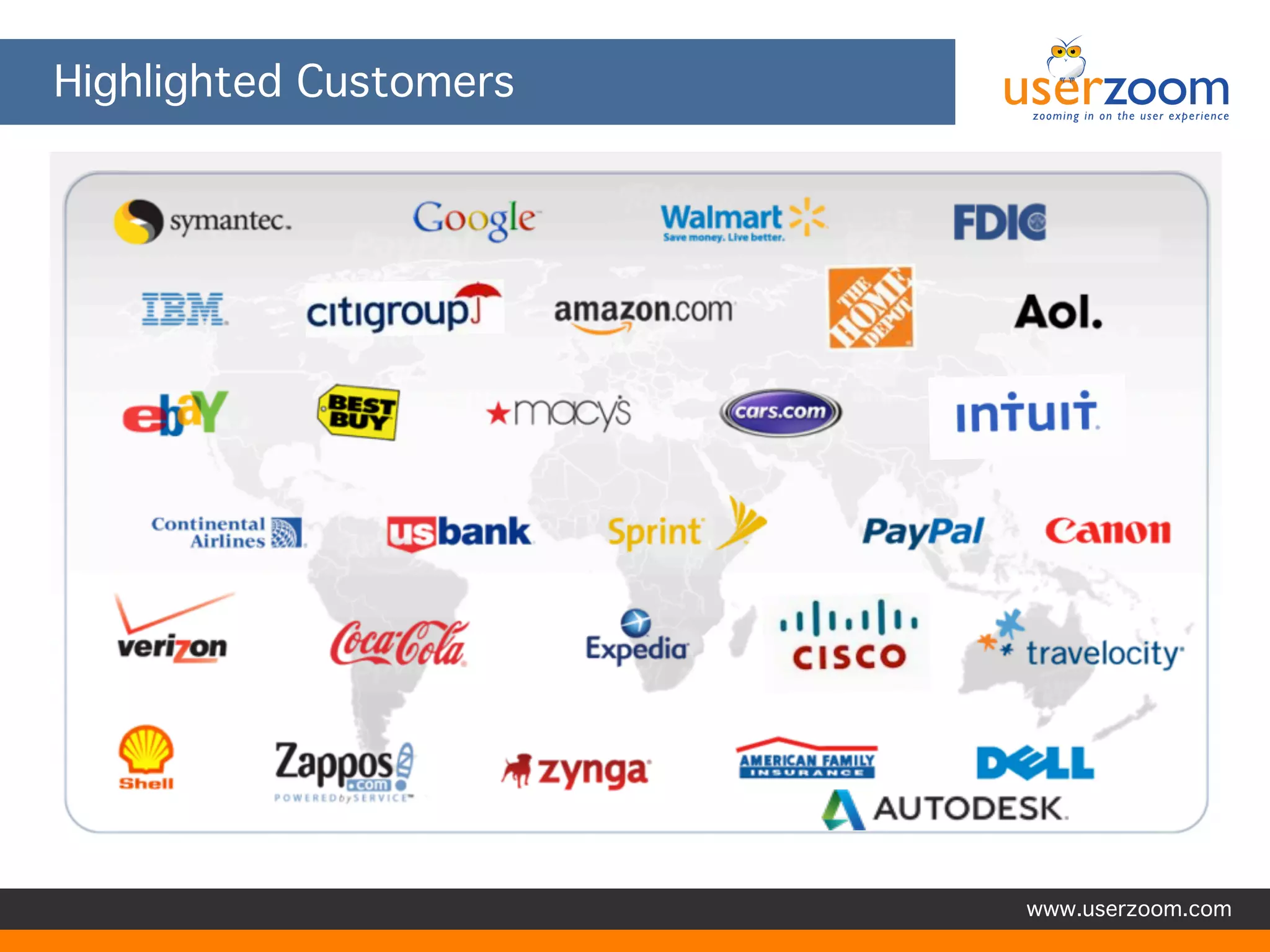 TOPICS
Intro
Vision
Business strategy alignment
Customer data
Competitive landscape
Experience modeling
Behavioral segmentation (e.g. personas)
Road map
...other

Paul Bryan

UX Strategy Group (uxstrategy.net)

5

 