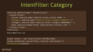 @chiuki@chiuki
IntentFilter: Category
<activity android:name=".YourActivity">
<intent-filter>
   <action android:name="and...