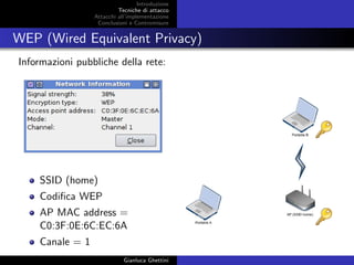 Introduzione
Tecniche di attacco
Attacchi basati su crittoanalisi
Attacchi all’implementazione
Conclusioni e Contromisure
WEP (Wired Equivalent Privacy)
Informazioni pubbliche della rete:
SSID (home)
Codiﬁca WEP
AP MAC address =
C0:3F:0E:6C:EC:6A
Canale = 1
Gianluca Ghettini
 