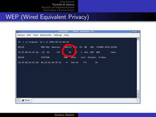 Introduzione
Tecniche di attacco
Attacchi basati su crittoanalisi
Attacchi all’implementazione
Conclusioni e Contromisure
WEP (Wired Equivalent Privacy)
Gianluca Ghettini
 