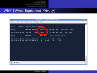 Introduzione
Tecniche di attacco
Attacchi basati su crittoanalisi
Attacchi all’implementazione
Conclusioni e Contromisure
WEP (Wired Equivalent Privacy)
Gianluca Ghettini
 