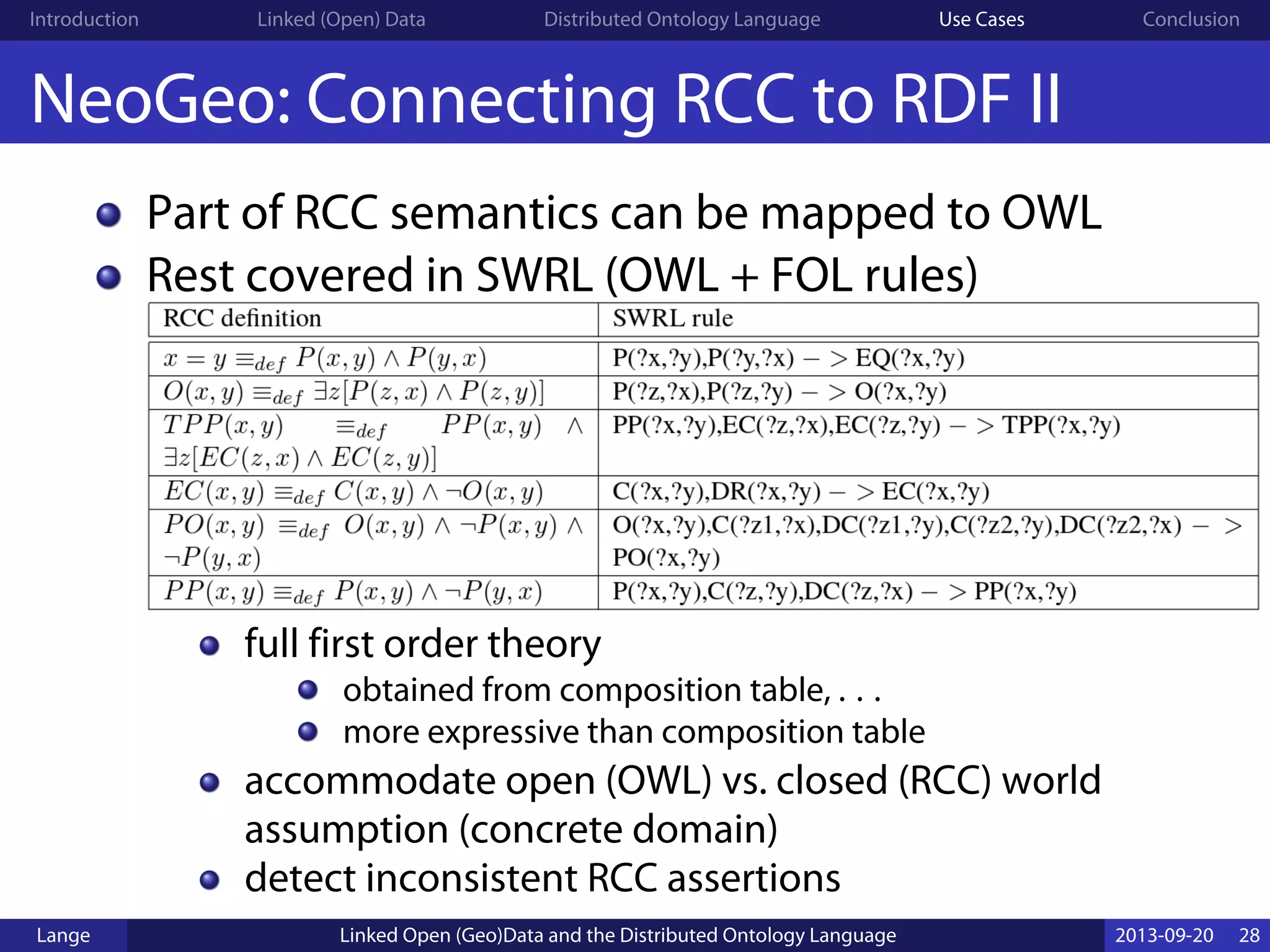 Introduction Linked (Open) Data Distributed Ontology Language Use Cases Conclusion
NeoGeo: Connecting RCC to RDF II
Part of RCC semantics can be mapped to OWL
Rest covered in SWRL (OWL + FOL rules)
full first order theory
obtained from composition table, . . .
more expressive than composition table
accommodate open (OWL) vs. closed (RCC) world
assumption (concrete domain)
detect inconsistent RCC assertions
Lange Linked Open (Geo)Data and the Distributed Ontology Language 2013-09-20 28
 