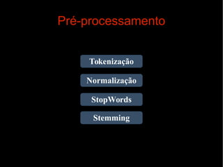 Pré-processamento
Tokenização
Normalização
StopWords
Stemming

 
