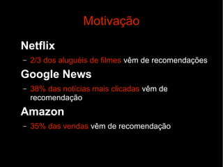 Motivação
Netflix
–

2/3 dos aluguéis de filmes vêm de recomendações

Google News
–

38% das notícias mais clicadas vêm de
recomendação

Amazon
–

35% das vendas vêm de recomendação

 