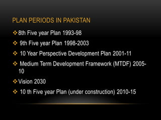PLAN PERIODS IN PAKISTAN
8th Five year Plan 1993-98

 9th Five year Plan 1998-2003
 10 Year Perspective Development Plan 2001-11
 Medium Term Development Framework (MTDF) 200510
Vision 2030
 10 th Five year Plan (under construction) 2010-15

 