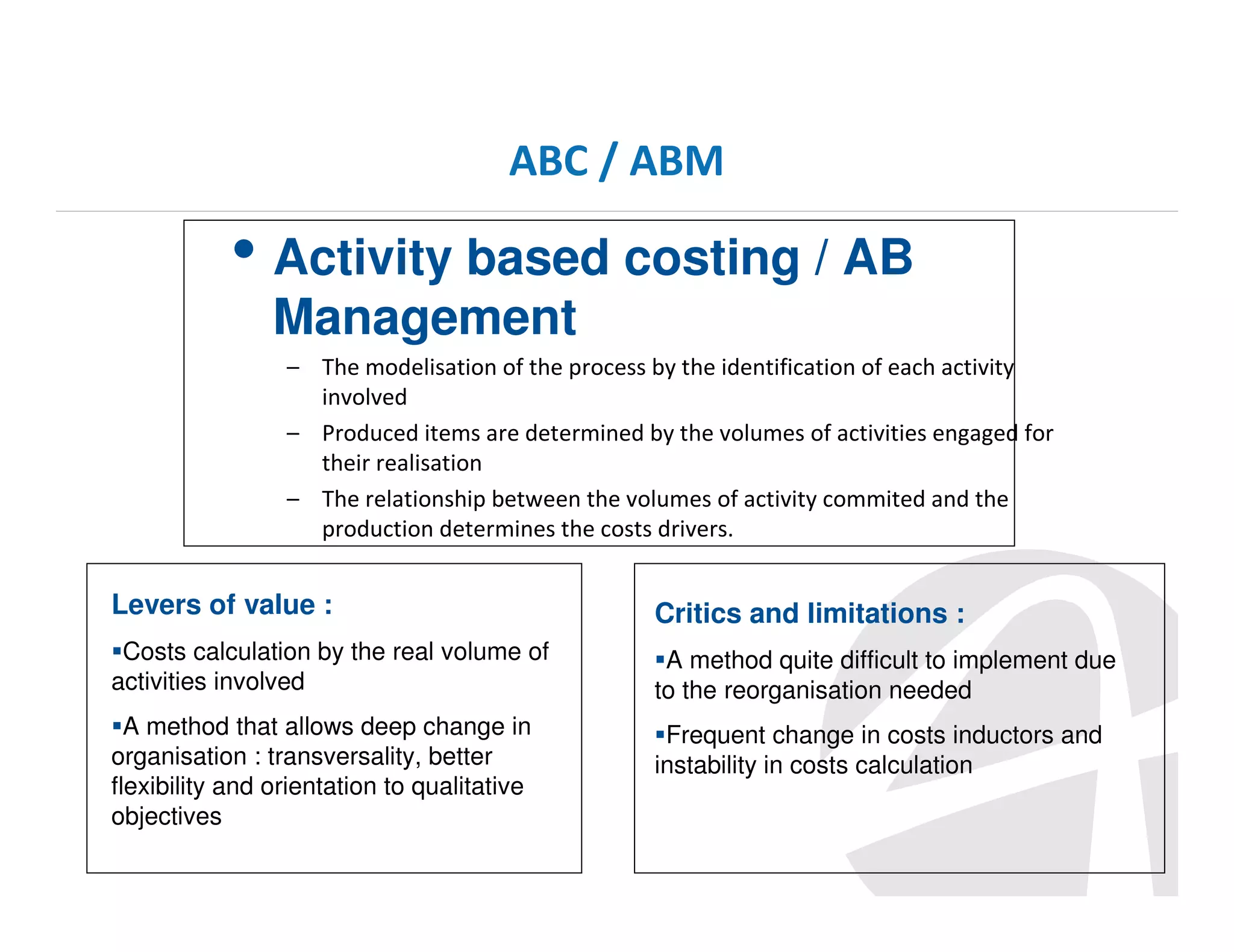 ABC / ABM

• Activity based costing / AB
Management
– The modelisation of the process by the identification of each activity
involved
– Produced items are determined by the volumes of activities engaged for
their realisation
– The relationship between the volumes of activity commited and the
production determines the costs drivers.

Levers of value :

Critics and limitations :

Costs calculation by the real volume of
activities involved

A method quite difficult to implement due
to the reorganisation needed

A method that allows deep change in
organisation : transversality, better
flexibility and orientation to qualitative
objectives

Frequent change in costs inductors and
instability in costs calculation

 