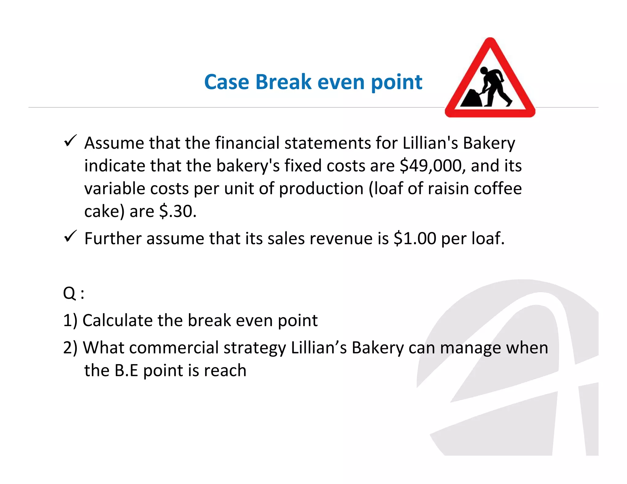 Case Break even point
Assume that the financial statements for Lillian's Bakery
indicate that the bakery's fixed costs are $49,000, and its
variable costs per unit of production (loaf of raisin coffee
cake) are $.30.
Further assume that its sales revenue is $1.00 per loaf.
Q:
1) Calculate the break even point
2) What commercial strategy Lillian’s Bakery can manage when
the B.E point is reach

 