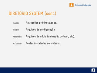 Embedded Labworks
DIRETÓRIO SYSTEM (cont.)
/app Aplicações pré-instaladas.
/etc Arquivos de configuração.
/media Arquivos de mídia (animação do boot, etc).
/fonts Fontes instaladas no sistema.
 