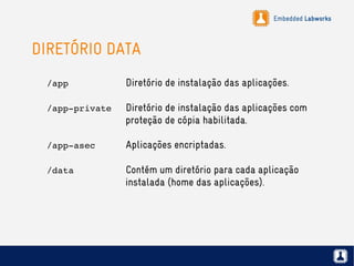 Embedded Labworks
DIRETÓRIO DATA
/app Diretório de instalação das aplicações.
/app­private Diretório de instalação das aplicações com
proteção de cópia habilitada.
/app­asec Aplicações encriptadas.
/data Contém um diretório para cada aplicação
instalada (home das aplicações).
 