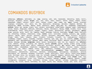 Embedded Labworks
COMANDOS BUSYBOX
addgroup,  adduser,  adjtimex,  ar,  arp,  arping,  ash,  awk,  basename,  bbconfig,  bbsh,  brctl, 
bunzip2,  busybox,  bzcat,  bzip2,  cal,  cat,  catv,  chat,  chattr,  chcon,  chgrp,  chmod,  chown, 
chpasswd,  chpst,  chroot,  chrt,  chvt,  cksum,  clear,  cmp,  comm,  cp,  cpio,  crond,  crontab, 
cryptpw,  cttyhack,  cut,  date,  dc,  dd,  deallocvt,  delgroup,  deluser,  depmod,  devfsd,  df, 
dhcprelay,  diff,  dirname,  dmesg,  dnsd,  dos2unix,  dpkg,  dpkg_deb,  du,  dumpkmap,  dumpleases, 
e2fsck, echo, ed, egrep, eject, env, envdir, envuidgid, ether_wake, expand, expr, fakeidentd, 
false, fbset, fbsplash, fdflush, fdformat, fdisk, fetchmail, fgrep, find, findfs, fold, free, 
freeramdisk,  fsck,  fsck_minix,  ftpget,  ftpput,  fuser,  getenforce,  getopt,  getsebool,  getty, 
grep, gunzip, gzip, halt, hd, hdparm, head, hexdump, hostid, hostname, httpd, hush, hwclock, 
id,  ifconfig,  ifdown,  ifenslave,  ifup,  inetd,  init,  inotifyd,  insmod,  install,  ip,  ipaddr, 
ipcalc,  ipcrm,  ipcs,  iplink,  iproute,  iprule,  iptunnel,  kbd_mode,  kill,  killall,  killall5, 
klogd,  lash,  last,  length,  less,  linux32,  linux64,  linuxrc,  ln,  load_policy,  loadfont, 
loadkmap, logger, login, logname, logread, losetup, lpd, lpq, lpr, ls, lsattr, lsmod, lzmacat, 
makedevs, man, matchpathcon, md5sum, mdev, mesg, microcom, mkdir, mke2fs, mkfifo, mkfs_minix, 
mknod,  mkswap,  mktemp,  modprobe, more,  mount,  mountpoint, msh,  mt, mv,  nameif, nc,  netstat, 
nice,  nmeter,  nohup,  nslookup, od,  openvt,  parse,  passwd,  patch, pgrep,  pidof, ping,  ping6, 
pipe_progress,  pivot_root,  pkill,  poweroff,  printenv,  printf,  ps,  pscan,  pwd,  raidautorun, 
rdate,  rdev,  readahead,  readlink,  readprofile,  realpath,  reboot,  renice,  reset,  resize, 
restorecon,  rm,  rmdir,  rmmod,  route,  rpm,  rpm2cpio,  rtcwake,  run_parts,  runcon,  runlevel, 
runsv,  runsvdir,  rx,  script,  sed,  selinuxenabled,  sendmail,  seq,  sestatus,  setarch, 
setconsole,  setenforce,  setfiles,  setfont,  setkeycodes,  setlogcons,  setsebool,  setsid, 
setuidgid, sh, sha1sum, showkey, slattach, sleep, softlimit, sort, split, start_stop_daemon, 
stat, strings, stty, su, sulogin, sum, sv, svlogd, swapoff, swapon, switch_root, sync, sysctl, 
syslogd, tac, tail, tar, taskset, tcpsvd, tee, telnet, telnetd, test, tftp, tftpd, time, top, 
touch,  tr,  traceroute,  true,  tty,  ttysize,  tune2fs,  udhcpc,  udhcpd,  udpsvd,  umount,  uname, 
uncompress,  unexpand,  uniq,  unix2dos,  unlzma,  unzip,  uptime,  usleep,  uudecode,  uuencode, 
vconfig, vi, vlock, watch, watchdog, wc, wget, which, who, whoami, xargs, yes, zcat, zcip
 