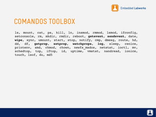 Embedded Labworks
COMANDOS TOOLBOX
ls,  mount,  cat,  ps,  kill,  ln,  insmod,  rmmod,  lsmod,  ifconfig, 
setconsole, rm, mkdir, rmdir, reboot, getevent, sendevent, date, 
wipe, sync, umount,  start, stop, notify, cmp, dmesg, route, hd, 
dd,  df,  getprop,  setprop,  watchprops,  log,  sleep,  renice, 
printenv,  smd,  chmod,  chown,  newfs_msdos,  netstat,  ioctl,  mv, 
schedtop,  top,  iftop,  id,  uptime,  vmstat,  nandread,  ionice, 
touch, lsof, du, md5
 
