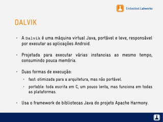 Embedded Labworks
DALVIK
✗ A Dalvik é uma máquina virtual Java, portável e leve, responsável
por executar as aplicações Android.
✗ Projetada para executar várias instancias ao mesmo tempo,
consumindo pouca memória.
✗ Duas formas de execução:
✗ fast: otimizada para a arquitetura, mas não portável.
✗ portable: toda escrita em C, um pouco lenta, mas funciona em todas
as plataformas.
✗ Usa o framework de bibliotecas Java do projeto Apache Harmony.
 