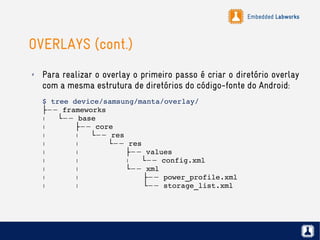 Embedded Labworks
OVERLAYS (cont.)
✗ Para realizar o overlay o primeiro passo é criar o diretório overlay
com a mesma estrutura de diretórios do código-fonte do Android:
$ tree device/samsung/manta/overlay/
 ──├ frameworks
     │ ──└ base
         │ ──├ core
             │ │ ──└ res
                 │ │ ──└ res
                     │ │ ──├ values
                         │ │ │ ──└ config.xml
                     │ │ ──└ xml
                         │ │ ──├ power_profile.xml
                         │ │ ──└ storage_list.xml
 