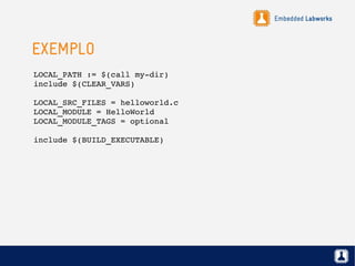 Embedded Labworks
EXEMPLO
LOCAL_PATH := $(call my­dir)
include $(CLEAR_VARS)
LOCAL_SRC_FILES = helloworld.c
LOCAL_MODULE = HelloWorld
LOCAL_MODULE_TAGS = optional
include $(BUILD_EXECUTABLE)
 