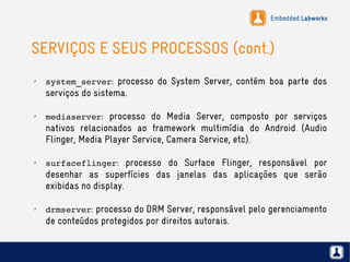Embedded Labworks
SERVIÇOS E SEUS PROCESSOS (cont.)
✗
system_server: processo do System Server, contém boa parte dos
serviços do sistema.
✗
mediaserver: processo do Media Server, composto por serviços
nativos relacionados ao framework multimídia do Android (Audio
Flinger, Media Player Service, Camera Service, etc).
✗
surfaceflinger: processo do Surface Flinger, responsável por
desenhar as superfícies das janelas das aplicações que serão
exibidas no display.
✗
drmserver: processo do DRM Server, responsável pelo gerenciamento
de conteúdos protegidos por direitos autorais.
 