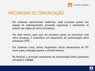 Embedded Labworks
MECANISMO DE COMUNICAÇÃO
✗ Em sistemas operacionais modernos, cada processo possui seu
espaço de endereçamento, provendo segurança e isolamento no
acesso aos dados de outros processos.
✗ Por este motivo, para que um processo possa se comunicar com
outro processo, é necessário um mecanismo de comunicação entre
processos (IPC).
✗ Em sistemas Linux, temos disponíveis vários mecanismos de IPC
como pipes, message queues e shared memory.
✗ No Android, o principal mecanismo de comunicação entre processos
utilizado é o Binder.
 