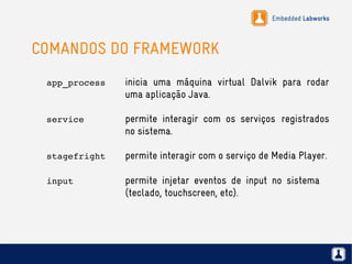 Embedded Labworks
COMANDOS DO FRAMEWORK
app_process inicia uma máquina virtual Dalvik para rodar
uma aplicação Java.
service permite interagir com os serviços registrados
no sistema.
stagefright permite interagir com o serviço de Media Player.
input permite injetar eventos de input no sistema
(teclado, touchscreen, etc).
 
