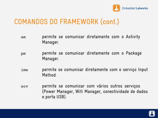 Embedded Labworks
COMANDOS DO FRAMEWORK (cont.)
am permite se comunicar diretamente com o Activity
Manager.
pm permite se comunicar diretamente com o Package
Manager.
ime permite se comunicar diretamente com o serviço Input
Method.
scv permite se comunicar com vários outros serviços
(Power Manager, Wifi Manager, conectividade de dados
e porta USB).
 