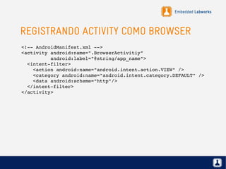 Embedded Labworks
REGISTRANDO ACTIVITY COMO BROWSER
<!­­ AndroidManifest.xml ­­> 
<activity android:name=".BrowserActivitiy" 
          android:label="@string/app_name">
  <intent­filter>
    <action android:name="android.intent.action.VIEW" />
    <category android:name="android.intent.category.DEFAULT" />
    <data android:scheme="http"/> 
  </intent­filter>
</activity>
 