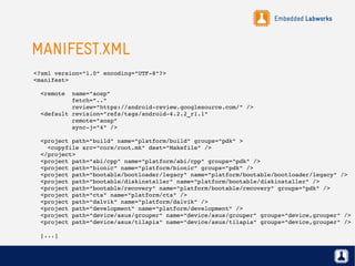 Embedded Labworks
MANIFEST.XML
<?xml version="1.0" encoding="UTF­8"?>
<manifest>
  <remote  name="aosp"
           fetch=".."
           review="https://android­review.googlesource.com/" />
  <default revision="refs/tags/android­4.2.2_r1.1"
           remote="aosp"
           sync­j="4" />
  <project path="build" name="platform/build" groups="pdk" >
    <copyfile src="core/root.mk" dest="Makefile" />
  </project>
  <project path="abi/cpp" name="platform/abi/cpp" groups="pdk" />
  <project path="bionic" name="platform/bionic" groups="pdk" />
  <project path="bootable/bootloader/legacy" name="platform/bootable/bootloader/legacy" />
  <project path="bootable/diskinstaller" name="platform/bootable/diskinstaller" />
  <project path="bootable/recovery" name="platform/bootable/recovery" groups="pdk" />
  <project path="cts" name="platform/cts" />
  <project path="dalvik" name="platform/dalvik" />
  <project path="development" name="platform/development" />
  <project path="device/asus/grouper" name="device/asus/grouper" groups="device,grouper" />
  <project path="device/asus/tilapia" name="device/asus/tilapia" groups="device,grouper" />
  [...]
 