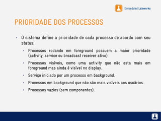 Embedded Labworks
PRIORIDADE DOS PROCESSOS
✗ O sistema define a prioridade de cada processo de acordo com seu
status:
✗ Processos rodando em foreground possuem a maior prioridade
(activity, service ou broadcast receiver ativo).
✗ Processos visíveis, como uma activity que não esta mais em
foreground mas ainda é visível no display.
✗ Serviço iniciado por um processo em background.
✗ Processos em background que não são mais visíveis aos usuários.
✗ Processos vazios (sem componentes).
 