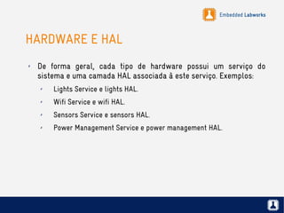 Embedded Labworks
HARDWARE E HAL
✗ De forma geral, cada tipo de hardware possui um serviço do
sistema e uma camada HAL associada à este serviço. Exemplos:
✗ Lights Service e lights HAL.
✗ Wifi Service e wifi HAL.
✗ Sensors Service e sensors HAL.
✗ Power Management Service e power management HAL.
 