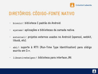 Embedded Labworks
DIRETÓRIOS: CÓDIGO-FONTE NATIVO
✗
bionic/: biblioteca C padrão do Android.
✗
system/: aplicações e bibliotecas da camada nativa.
✗
external/: projetos externos usados no Android (openssl, webkit,
libusb, etc).
✗
abi/: suporte à RTTI (Run-Time Type Identification) para código
escrito em C++.
✗
libnativehelper/: biblioteca para interface JNI.
 