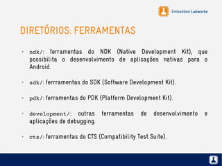 Embedded Labworks
DIRETÓRIOS: FERRAMENTAS
✗
ndk/: ferramentas do NDK (Native Development Kit), que
possibilita o desenvolvimento de aplicações nativas para o
Android.
✗
sdk/: ferrramentas do SDK (Software Development Kit).
✗
pdk/: ferramentas do PDK (Platform Development Kit).
✗
development/: outras ferramentas de desenvolvimento e
aplicações de debugging.
✗
cts/: ferramentas do CTS (Compatibility Test Suite).
 
