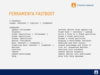 Embedded Labworks
FERRAMENTA FASTBOOT
$ fastboot
usage: fastboot [ <option> ] <command>
commands:
  update <filename>                        reflash device from update.zip
  flashall                                 flash boot + recovery + system
  flash <partition> [ <filename> ]         write a file to a flash partition
  erase <partition>                        erase a flash partition
  format <partition>                       format a flash partition 
  getvar <variable>                        display a bootloader variable
  boot <kernel> [ <ramdisk> ]              download and boot kernel
  flash:raw boot <kernel> [ <ramdisk> ]    create bootimage and flash it
  devices                                  list all connected devices
  continue                                 continue with autoboot
  reboot                                   reboot device normally
  reboot­bootloader                        reboot device into bootloader
  help                                     show this help message
 