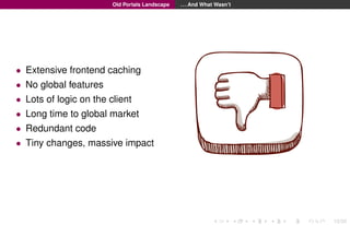 Old Portals Landscape

. . . And What Wasn’t

• Extensive frontend caching
• No global features
• Lots of logic on the client
• Long time to global market
• Redundant code
• Tiny changes, massive impact

10/30

 