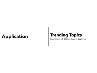 Application

Trending Topics
Dataset of 40GB from Twitter

 