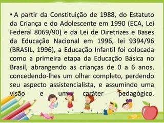 • A partir da Constituição de 1988, do Estatuto
da Criança e do Adolescente em 1990 (ECA, Lei
Federal 8069/90) e da Lei de Diretrizes e Bases
da Educação Nacional em 1996, lei 9394/96
(BRASIL, 1996), a Educação Infantil foi colocada
como a primeira etapa da Educação Básica no
Brasil, abrangendo as crianças de 0 a 6 anos,
concedendo-lhes um olhar completo, perdendo
seu aspecto assistencialista, e assumindo uma
visão
e
um
caráter
pedagógico.

 