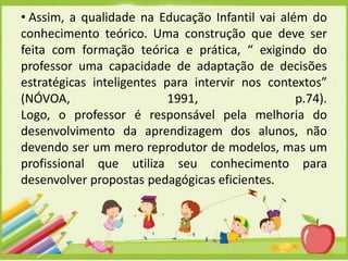 • Assim, a qualidade na Educação Infantil vai além do
conhecimento teórico. Uma construção que deve ser
feita com formação teórica e prática, “ exigindo do
professor uma capacidade de adaptação de decisões
estratégicas inteligentes para intervir nos contextos”
(NÓVOA,
1991,
p.74).
Logo, o professor é responsável pela melhoria do
desenvolvimento da aprendizagem dos alunos, não
devendo ser um mero reprodutor de modelos, mas um
profissional que utiliza seu conhecimento para
desenvolver propostas pedagógicas eficientes.

 