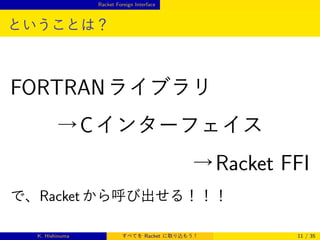 Racket Foreign Interface

ということは？

FORTRAN ライブラリ
→ C インターフェイス
→ Racket FFI
で、Racket から呼び出せる！！！
K. Hishinuma

すべてを Racket に取り込もう！

11 / 35

 