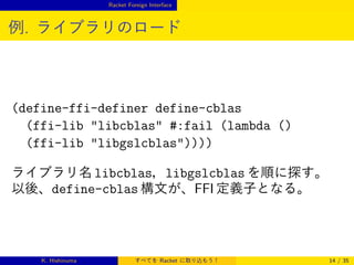 Racket Foreign Interface

例. ライブラリのロード

(define-ffi-definer define-cblas
(ffi-lib libcblas #:fail (lambda ()
(ffi-lib libgslcblas))))
ライブラリ名 libcblas，libgslcblas を順に探す。
以後、define-cblas 構文が、FFI 定義子となる。

K. Hishinuma

すべてを Racket に取り込もう！

14 / 35

 