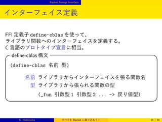 Racket Foreign Interface

インターフェイス定義
FFI 定義子 define-cblas を使って、
ライブラリ関数へのインターフェイスを定義する。
C 言語のプロトタイプ宣言に相当。

deﬁne-cblas 構文



(define-cblas 名前 型)
名前 ライブラリからインターフェイスを張る関数名
型 ライブラリから張られる関数の型

(_fun 引数型 1 引数型 2 ... - 戻り値型)



K. Hishinuma

すべてを Racket に取り込もう！



15 / 35

 