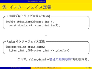 Racket Foreign Interface

例. インターフェイス定義
 言語プロトタイプ宣言 (cblas.h)
C

double cblas_dnrm2(const int N,
const double *X, const int incX);







↓

Racket インターフェイス定義

(define-cblas cblas_dnrm2
(_fun _int _f64vector _int - _double))







これで、cblas_dnrm2 が普通の関数同様に呼び出せる。
K. Hishinuma

すべてを Racket に取り込もう！

17 / 35

 