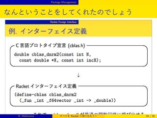 Package Management

なんということをしてくれたのでしょう

K. Hishinuma

すべてを Racket に取り込もう！

24 / 35

 