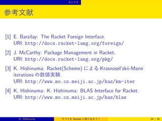 あとがき

参考文献

[1] E. Barzilay: The Racket Foreign Interface.
URI: http://docs.racket-lang.org/foreign/
[2] J. McCarthy: Package Management in Racket.
URI: http://docs.racket-lang.org/pkg/
[3] K. Hishinuma: Racket(Scheme) による Krasnosel’skii-Mann
iterations の数値実験.
URI: http://www.mo.cs.meiji.ac.jp/kaz/km-iter
[4] K. Hishinuma: K. Hishinuma: BLAS Interface for Racket.
URI: http://www.mo.cs.meiji.ac.jp/kaz/blas

K. Hishinuma

すべてを Racket に取り込もう！

34 / 35

 
