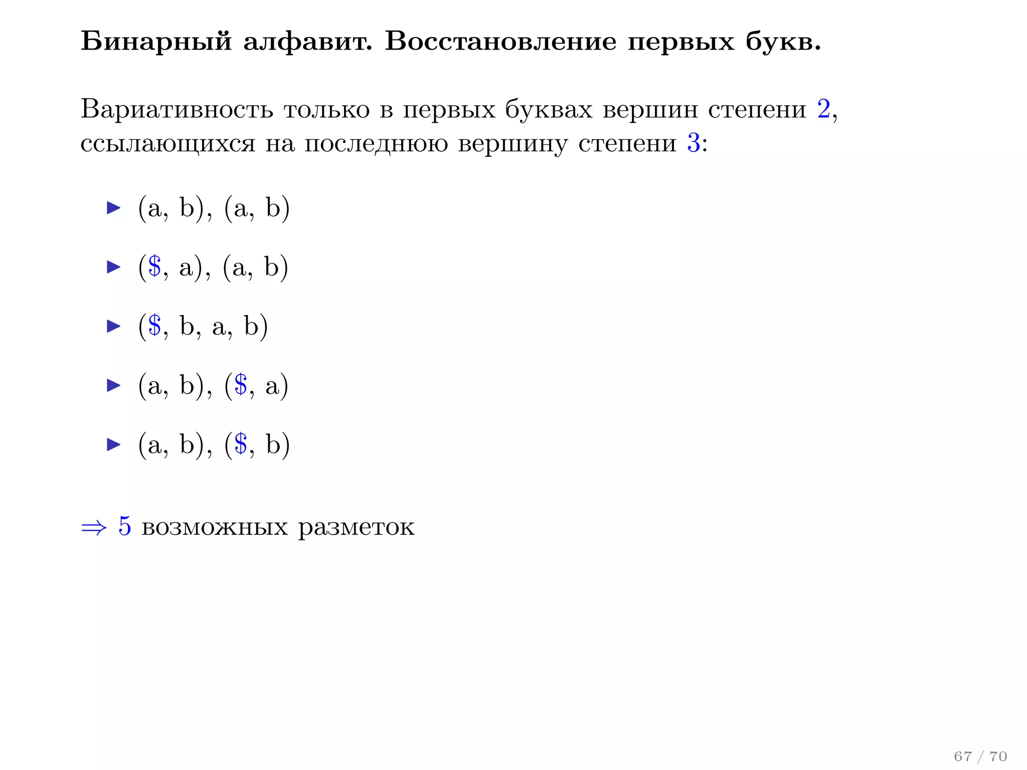 Бинарный алфавит. Восстановление первых букв.
Вариативность только в первых буквах вершин степени 2,
ссылающихся на последнюю вершину степени 3:
(a, b), (a, b)
($, a), (a, b)
($, b, a, b)
(a, b), ($, a)
(a, b), ($, b)
⇒ 5 возможных разметок

67 / 70

 