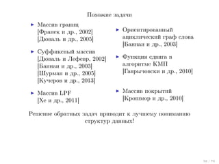 Похожие задачи
Массив границ
[Франек и др., 2002]
[Дюваль и др., 2005]

Ориентированный
ациклический граф слова
[Баннаи и др., 2003]

Суффиксный массив
[Дюваль и Лефевр, 2002]
[Баннаи и др., 2003]
[Шурман и др., 2005]
[Кучеров и др., 2013]

Функция сдвига в
алгоритме КМП
[Гаврычовски и др., 2010]

Массив LPF
[Хе и др., 2011]

Массив покрытий
[Крошмор и др., 2010]

Решение обратных задач приводит к лучшему пониманию
структур данных!

56 / 70

 