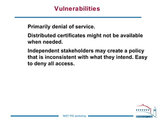 Vulnerabilities
Primarily denial of service.
Distributed certificates might not be available
when needed.
Independent stakeholders may create a policy
that is inconsistent with what they intend. Easy
to deny all access.

NIST PKI workshop

 