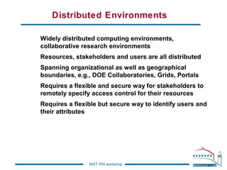 Distributed Environments
Widely distributed computing environments,
collaborative research environments
Resources, stakeholders and users are all distributed
Spanning organizational as well as geographical
boundaries, e.g., DOE Collaboratories, Grids, Portals
Requires a flexible and secure way for stakeholders to
remotely specify access control for their resources
Requires a flexible but secure way to identify users and
their attributes

NIST PKI workshop

 