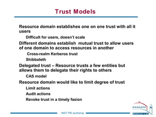 Trust Models
Resource domain establishes one on one trust with all it
users
Difficult for users, doesn’t scale

Different domains establish mutual trust to allow users
of one domain to access resources in another
Cross-realm Kerberos trust
Shibboleth

Delegated trust – Resource trusts a few entities but
allows them to delegate their rights to others
CAS model

Resource domain would like to limit degree of trust
Limit actions
Audit actions
Revoke trust in a timely fasion

NIST PKI workshop

 