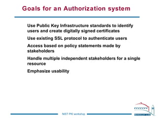 Goals for an Authorization system
Use Public Key Infrastructure standards to identify
users and create digitally signed certificates
Use existing SSL protocol to authenticate users
Access based on policy statements made by
stakeholders
Handle multiple independent stakeholders for a single
resource
Emphasize usability

NIST PKI workshop

 